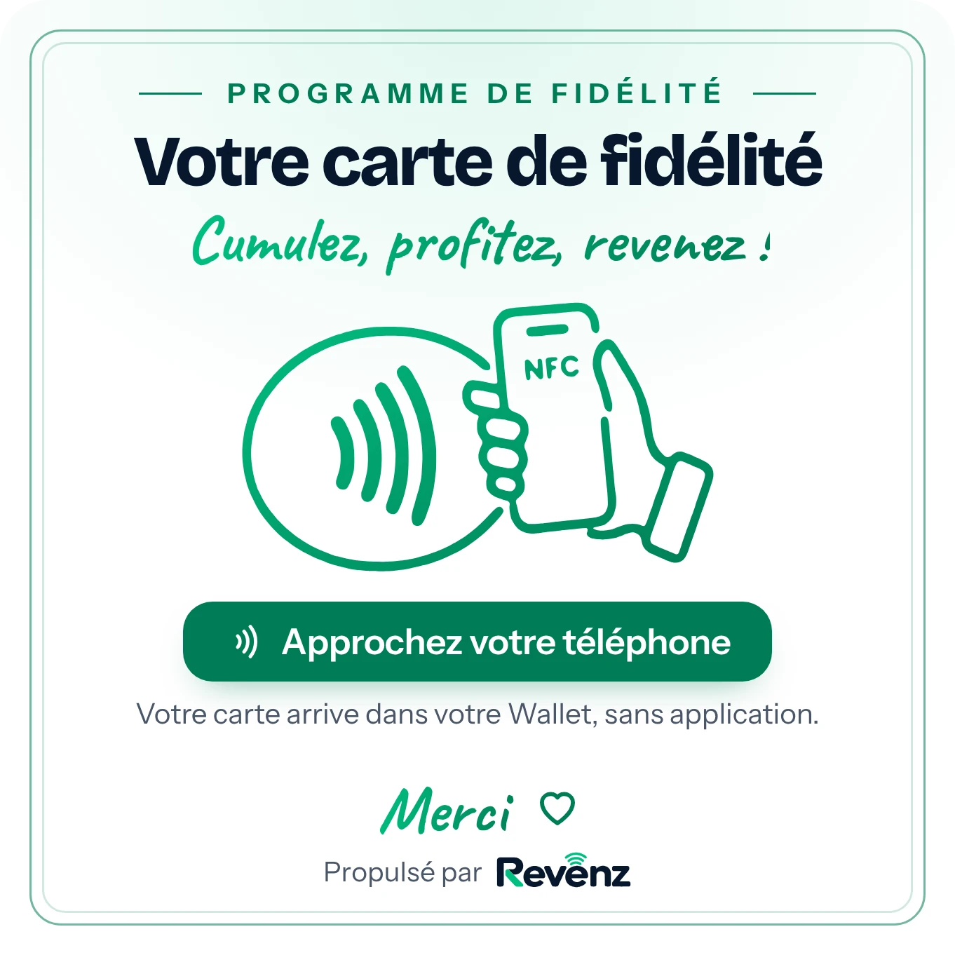 Le présentoir NFC Revenz : « Approchez votre téléphone »